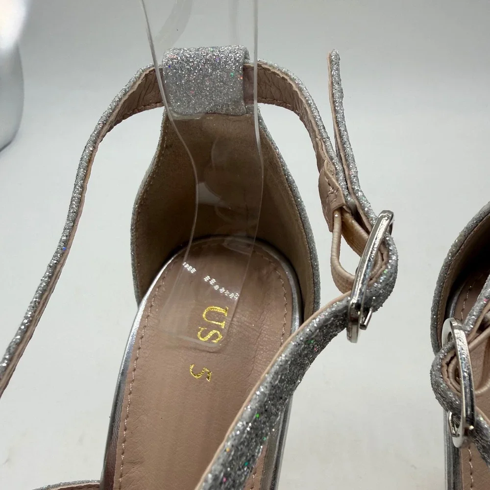 Women Silver Glitter Strappy Stiletto Sandals Open Toe Ankle Strap Size 5